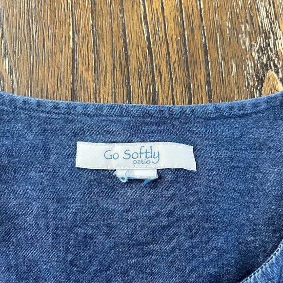 Go Softly Denim Embroidered Floral Zip Front Midi Patio Dress – Size M - Picture 7 of 12